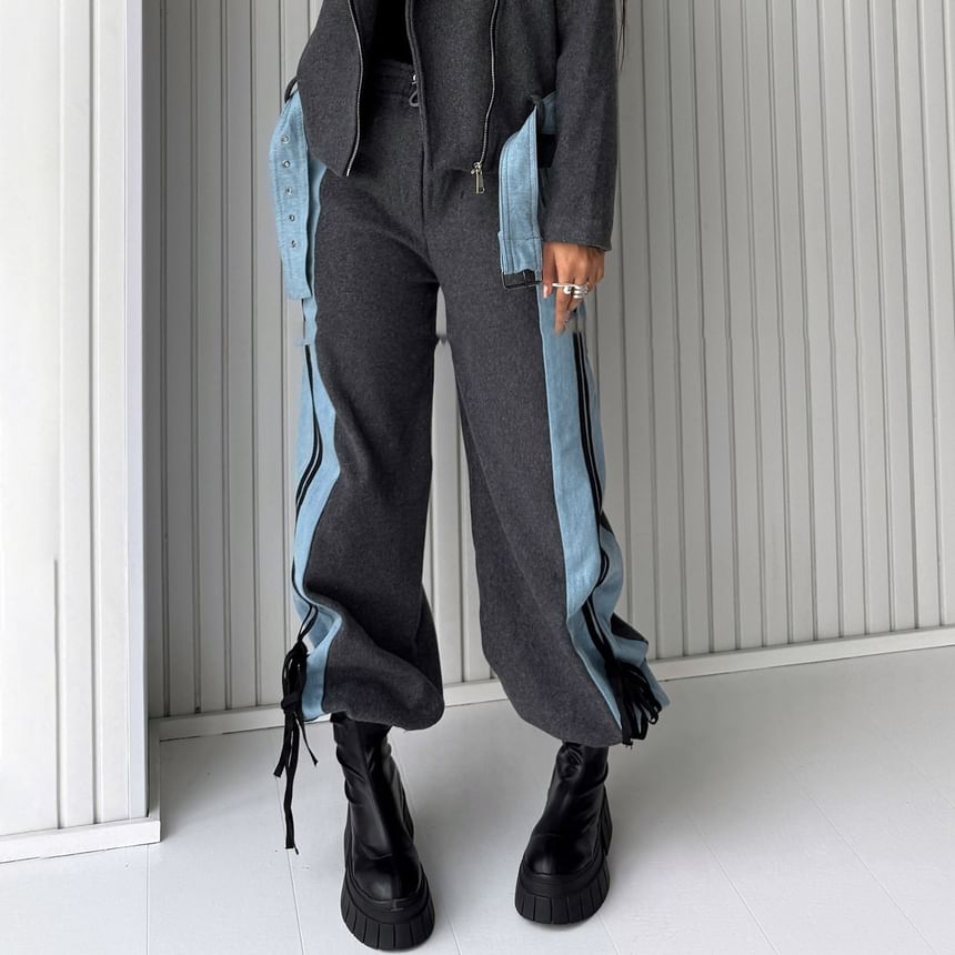 High Rise Color-Block Striped Bow Accent Denim Panel Loose-Fit Wide-Leg Sweatpants SpreePicky