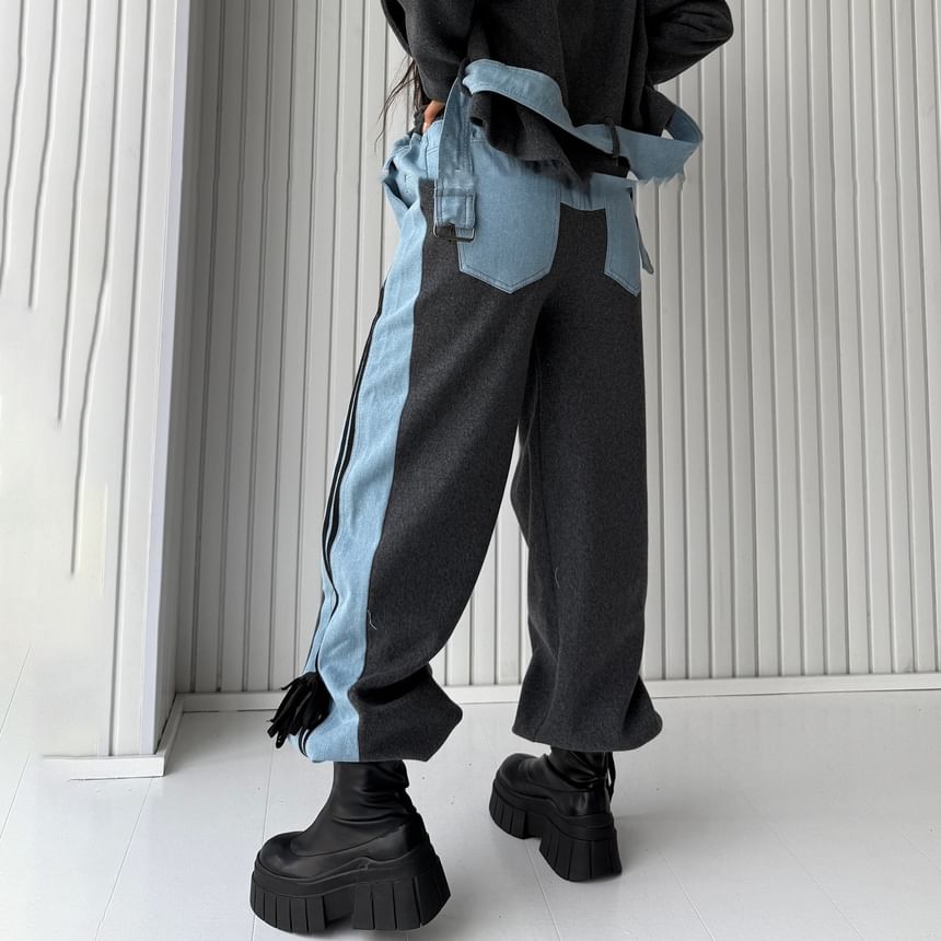 High Rise Color-Block Striped Bow Accent Denim Panel Loose-Fit Wide-Leg Sweatpants SpreePicky