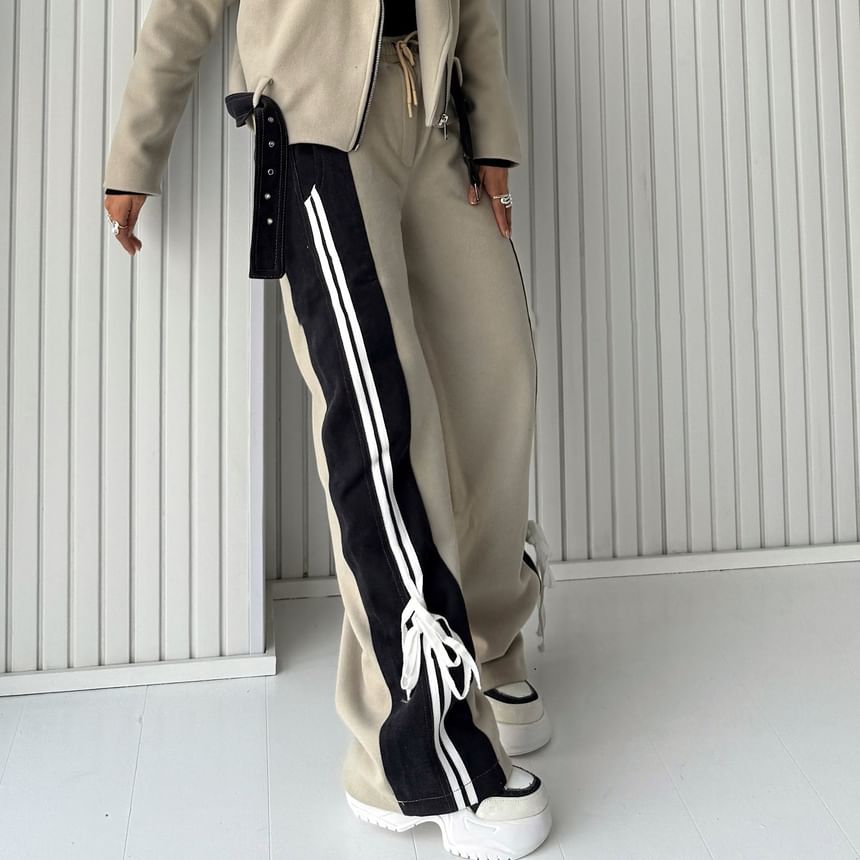 High Rise Color-Block Striped Bow Accent Denim Panel Loose-Fit Wide-Leg Sweatpants SpreePicky