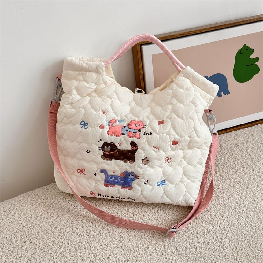 Cartoon Embroidered Heart Quilted Tote Bag SpreePicky