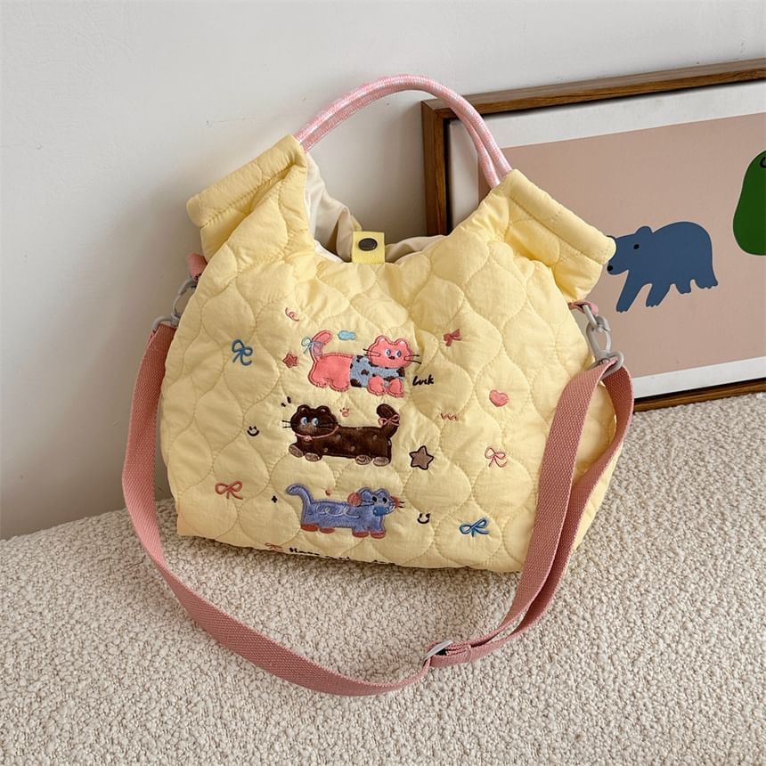 Cartoon Embroidered Heart Quilted Tote Bag SpreePicky