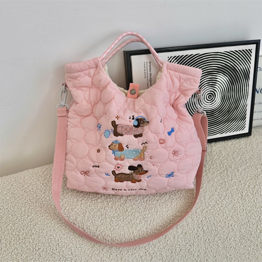 Cartoon Embroidered Heart Quilted Tote Bag SpreePicky