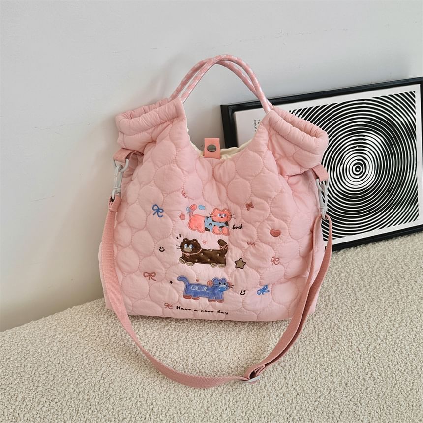 Cartoon Embroidered Heart Quilted Tote Bag SpreePicky