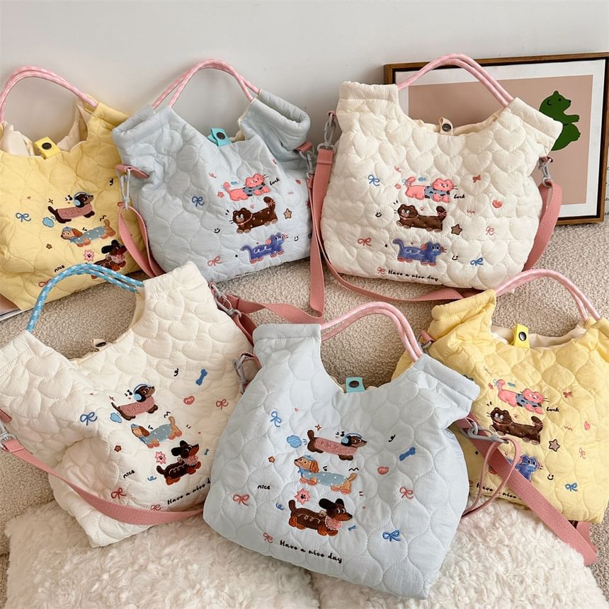 Cartoon Embroidered Heart Quilted Tote Bag SpreePicky