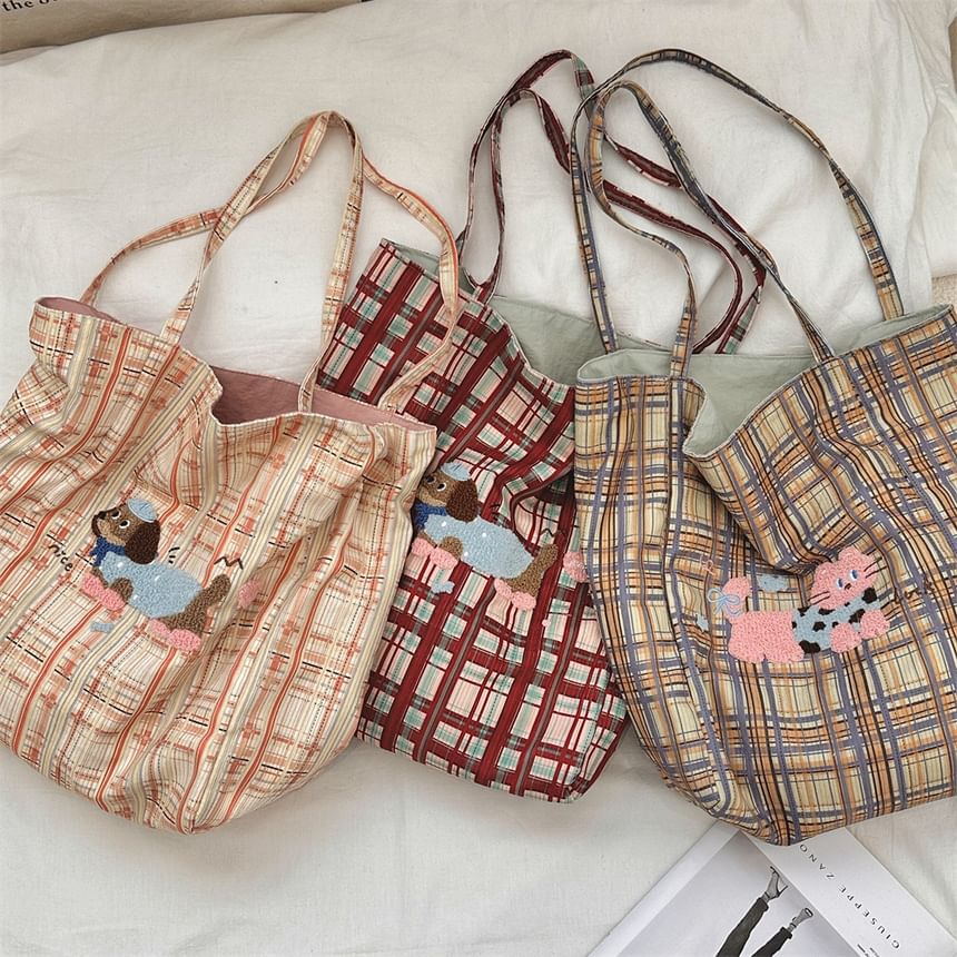 Plaid Cartoon Applique Corduroy Tote Bag SpreePicky