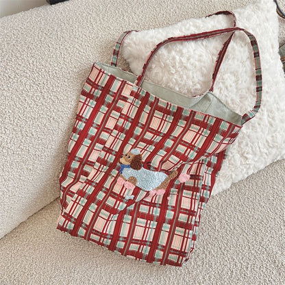 Plaid Cartoon Applique Corduroy Tote Bag SpreePicky