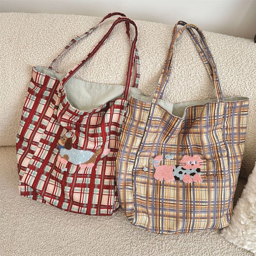 Plaid Cartoon Applique Corduroy Tote Bag SpreePicky