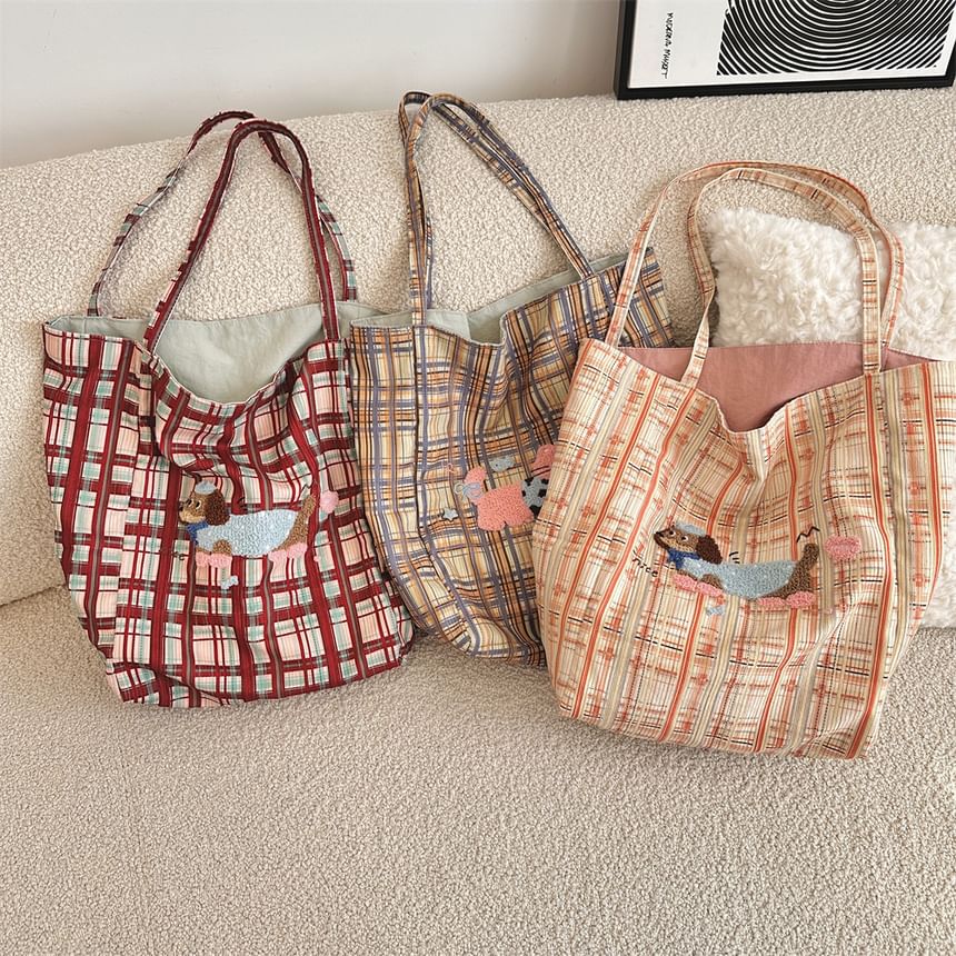 Plaid Cartoon Applique Corduroy Tote Bag SpreePicky