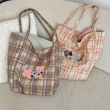 Plaid Cartoon Applique Corduroy Tote Bag SpreePicky