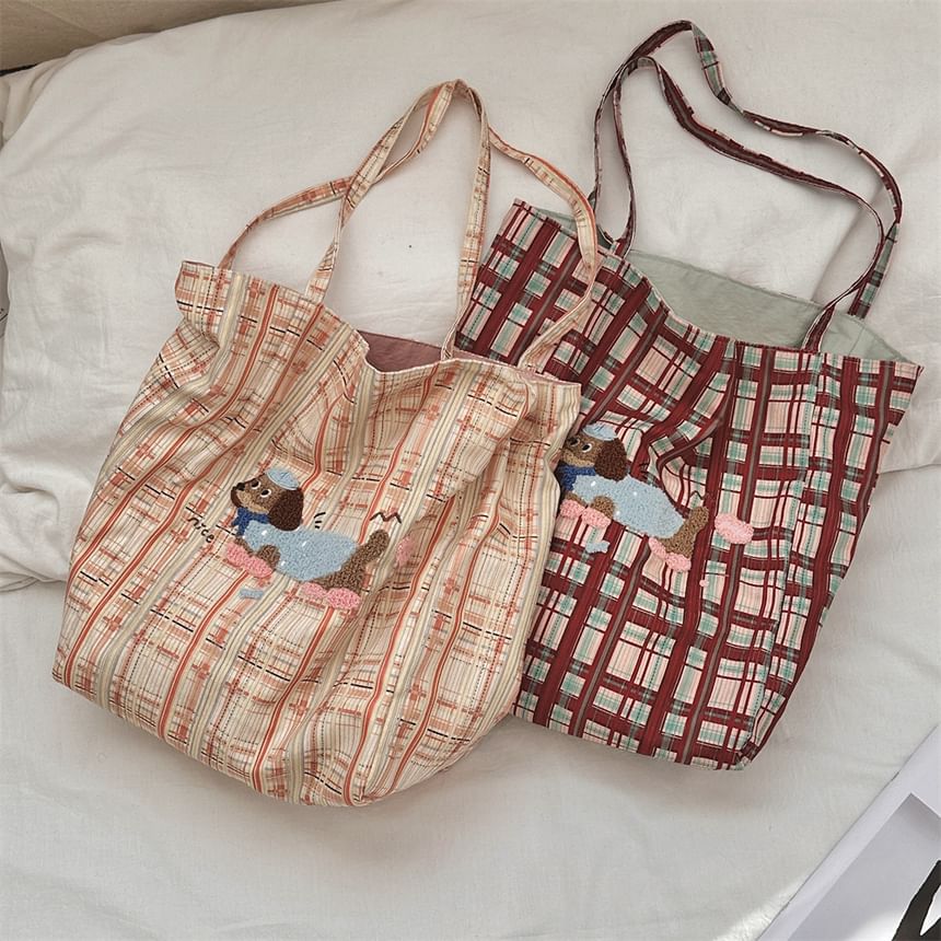 Plaid Cartoon Applique Corduroy Tote Bag SpreePicky