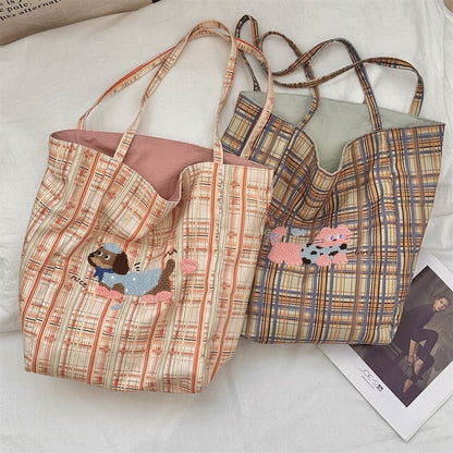 Plaid Cartoon Applique Corduroy Tote Bag SpreePicky