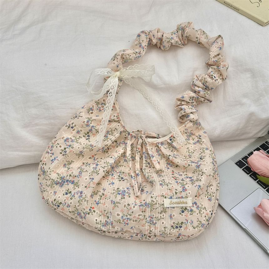 Floral Applique Ruched Strap Shoulder Bag SpreePicky