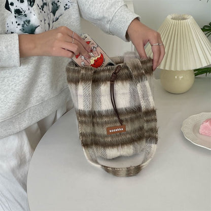 Plaid Applique Drawstring Bucket Bag SpreePicky