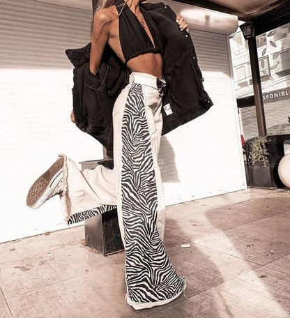 High Waist Animal Print Paneled Loose-Fit Wide-Leg Pants SpreePicky