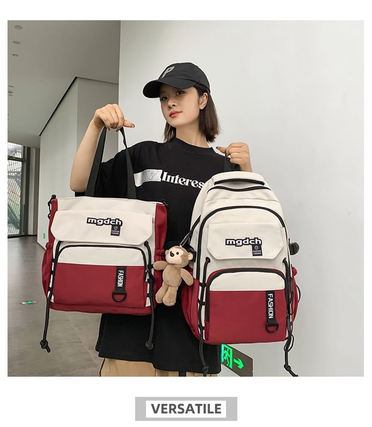 / Lettering Backpack Set Nylon Laptop Two Print Charm Bag Tone Tote FashionChic