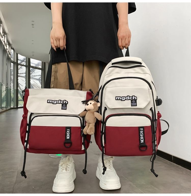 / Lettering Backpack Set Nylon Laptop Two Print Charm Bag Tone Tote FashionChic