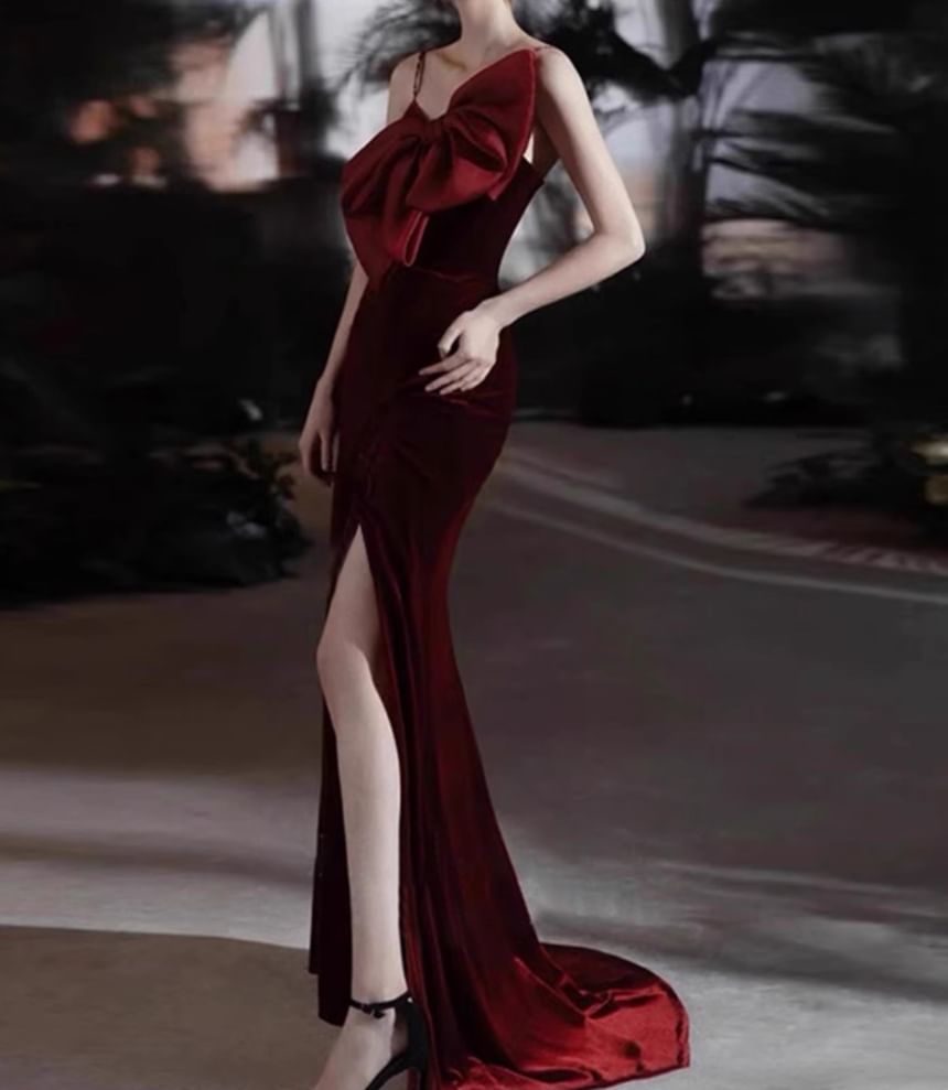 Spaghetti Strap Bow Detail Velvet Mermaid Evening Gown SpreePicky