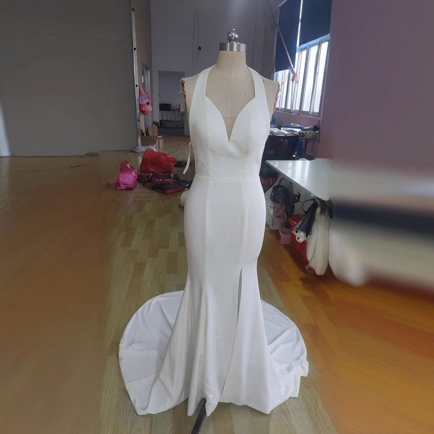 Sleeveless V-Neck Plain Slit A-Line Wedding Dress SpreePicky