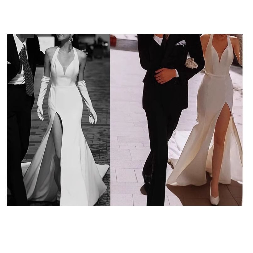 Sleeveless V-Neck Plain Slit A-Line Wedding Dress SpreePicky