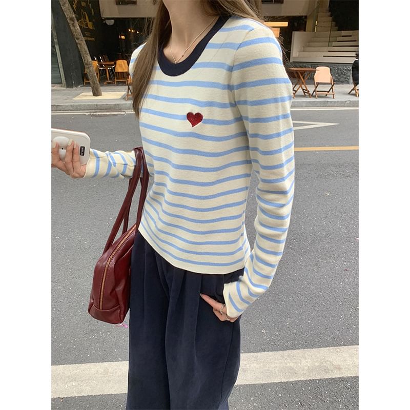 Long-Sleeve Round Neck Striped Embroidered Contrast Trim Knit Top SpreePicky