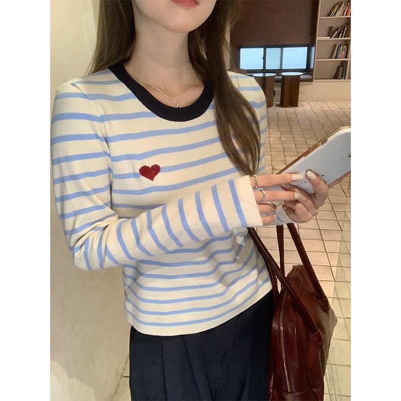 Long-Sleeve Round Neck Striped Embroidered Contrast Trim Knit Top SpreePicky