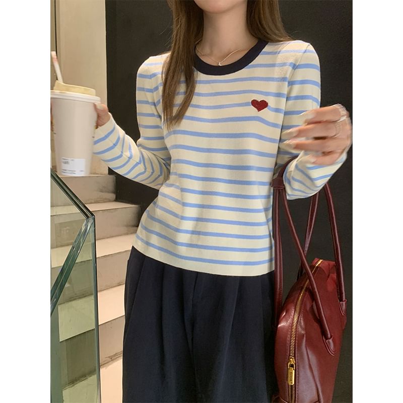 Long-Sleeve Round Neck Striped Embroidered Contrast Trim Knit Top SpreePicky