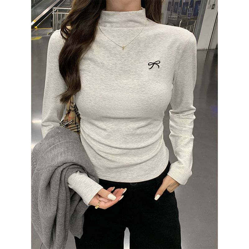 Long-Sleeve Mock Neck Bow Embroidered Ruched Slim Fit Crop T-Shirt SpreePicky