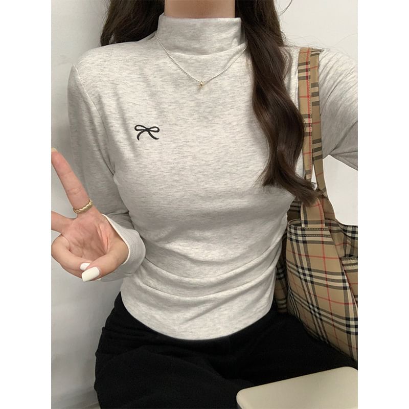 Long-Sleeve Mock Neck Bow Embroidered Ruched Slim Fit Crop T-Shirt SpreePicky