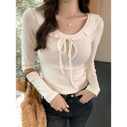 Long-Sleeve Scoop Neck Plain Ruffle Trim Tie Front Slim Fit Crop Tee SpreePicky