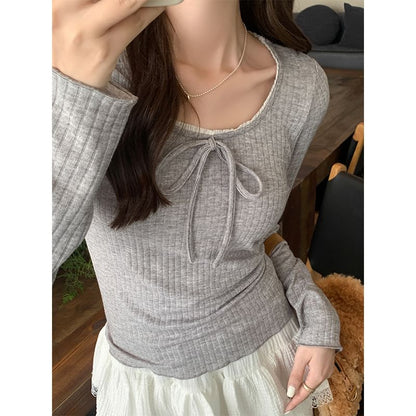 Long-Sleeve Round Neck Plain Bow Accent Frill Trim Slim Fit T-Shirt SpreePicky