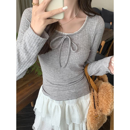 Long-Sleeve Round Neck Plain Bow Accent Frill Trim Slim Fit T-Shirt SpreePicky