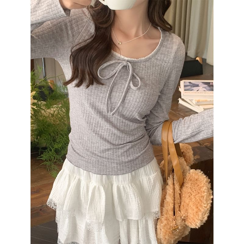 Long-Sleeve Round Neck Plain Bow Accent Frill Trim Slim Fit T-Shirt SpreePicky