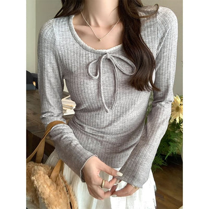 Long-Sleeve Round Neck Plain Bow Accent Frill Trim Slim Fit T-Shirt SpreePicky