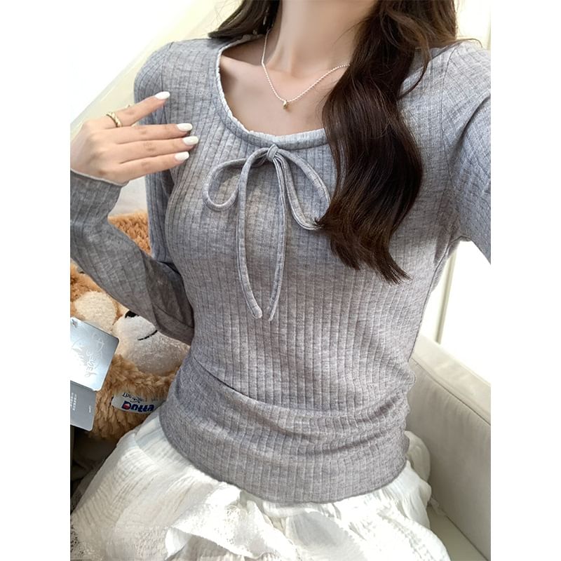 Long-Sleeve Round Neck Plain Bow Accent Frill Trim Slim Fit T-Shirt SpreePicky