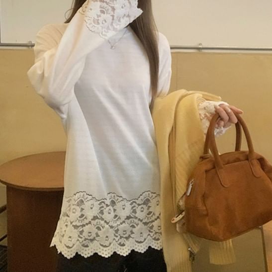 Long-Sleeve Round Neck Plain Lace Panel T-Shirt SpreePicky