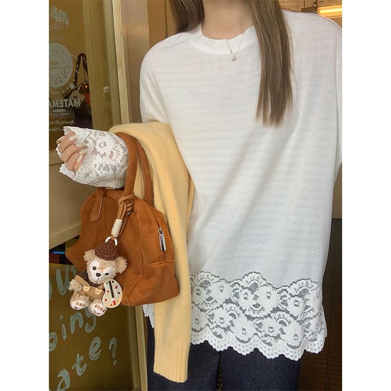 Long-Sleeve Round Neck Plain Lace Panel T-Shirt SpreePicky