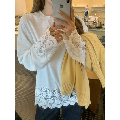 Long-Sleeve Round Neck Plain Lace Panel T-Shirt SpreePicky