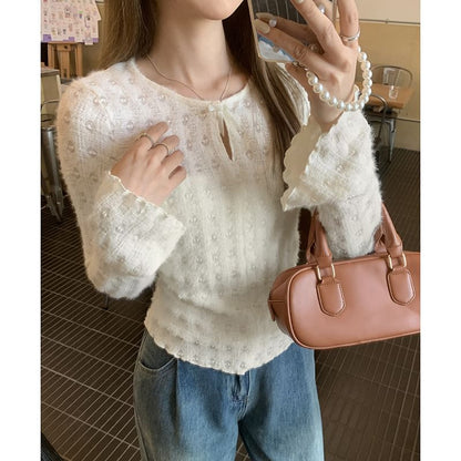 Long-Sleeve Crew Neck Plain Cutout Lace Slim Fit Top SpreePicky