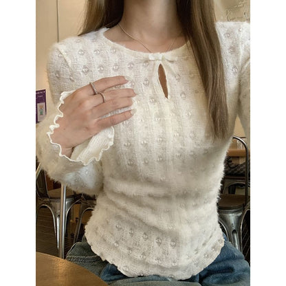 Long-Sleeve Crew Neck Plain Cutout Lace Slim Fit Top SpreePicky