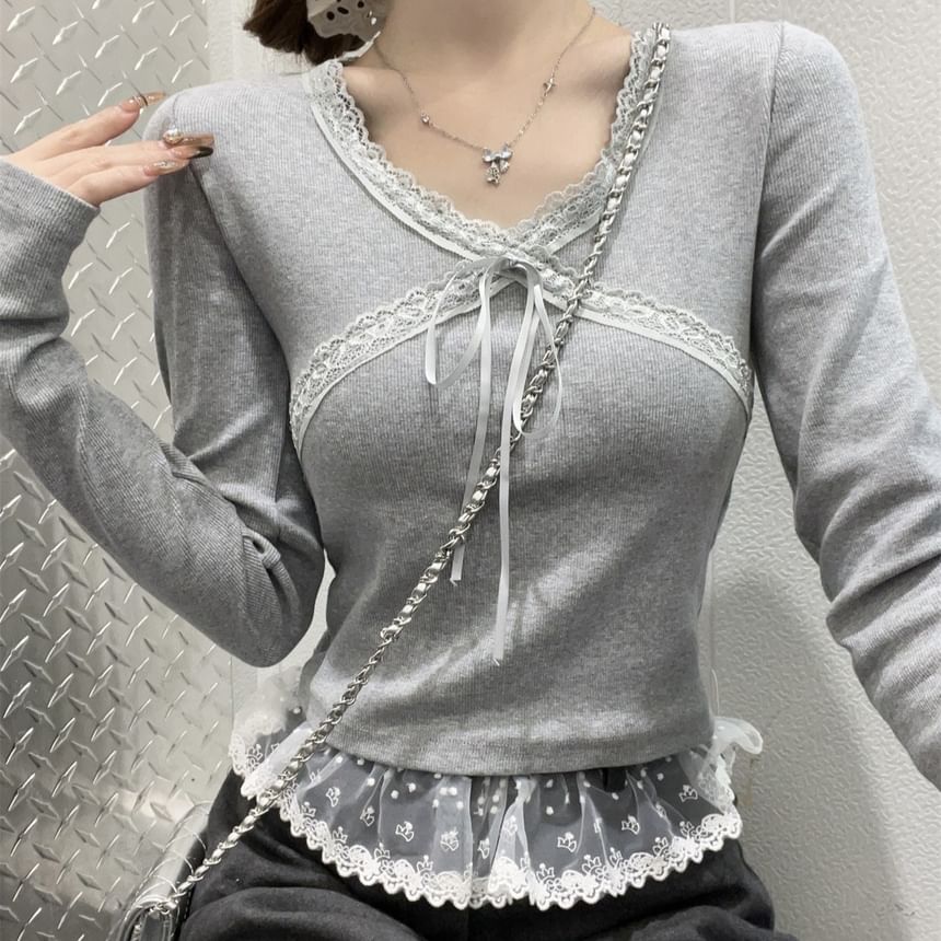 Long-Sleeve V-Neck Plain Lace Trim Tie Front Slim Fit Crop T-Shirt SpreePicky