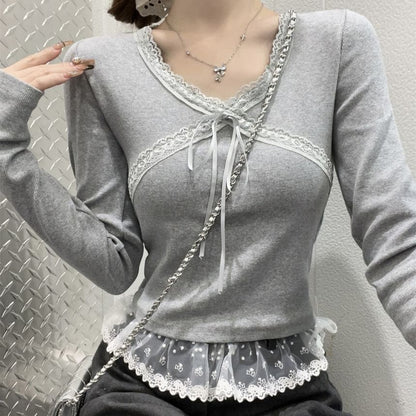 Long-Sleeve V-Neck Plain Lace Trim Tie Front Slim Fit Crop T-Shirt SpreePicky