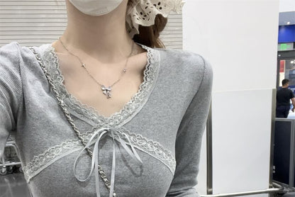 Long-Sleeve V-Neck Plain Lace Trim Tie Front Slim Fit Crop T-Shirt SpreePicky