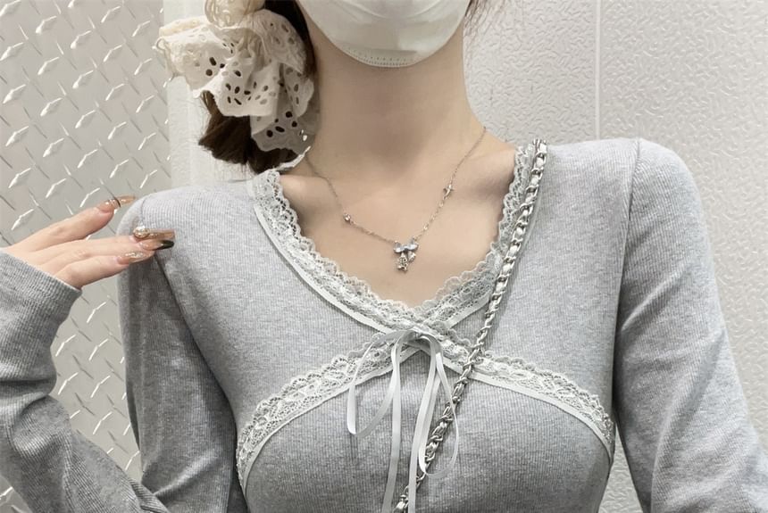 Long-Sleeve V-Neck Plain Lace Trim Tie Front Slim Fit Crop T-Shirt SpreePicky