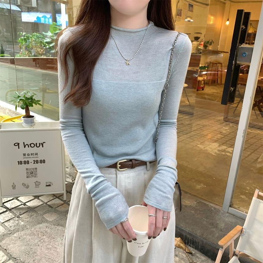 Long-Sleeve Mock Neck Plain Sheer Panel Slim Fit Knit Top SpreePicky