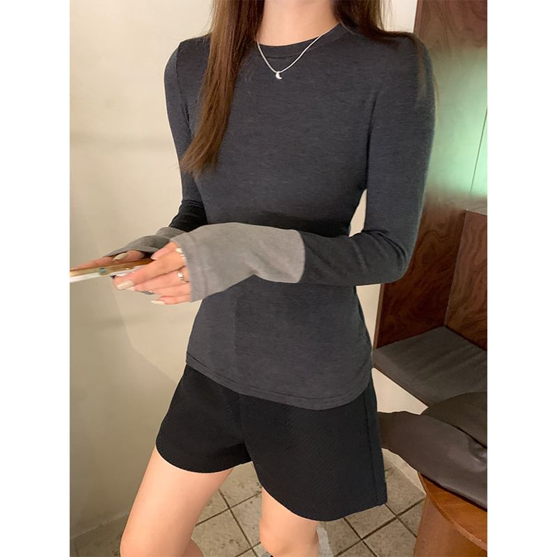 Long-Sleeve Round Neck Two Tone Slim Fit T-Shirt SpreePicky