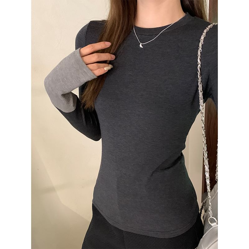 Long-Sleeve Round Neck Two Tone Slim Fit T-Shirt SpreePicky