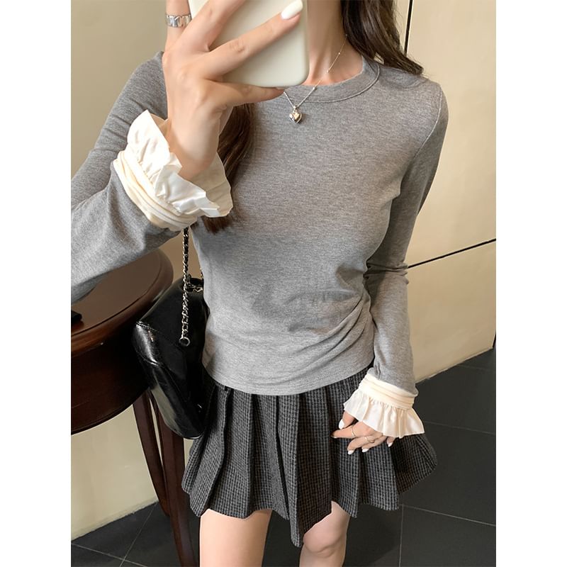 Long-Sleeve Crew Neck Two Tone Flared Cuff Slim Fit T-Shirt SpreePicky