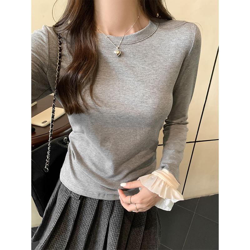 Long-Sleeve Crew Neck Two Tone Flared Cuff Slim Fit T-Shirt SpreePicky