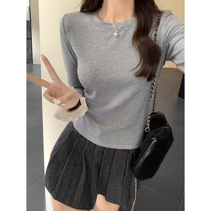 Long-Sleeve Crew Neck Two Tone Flared Cuff Slim Fit T-Shirt SpreePicky