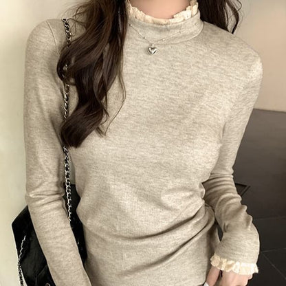 Long-Sleeve Mock Neck Lace Trim Slim Fit Tee SpreePicky